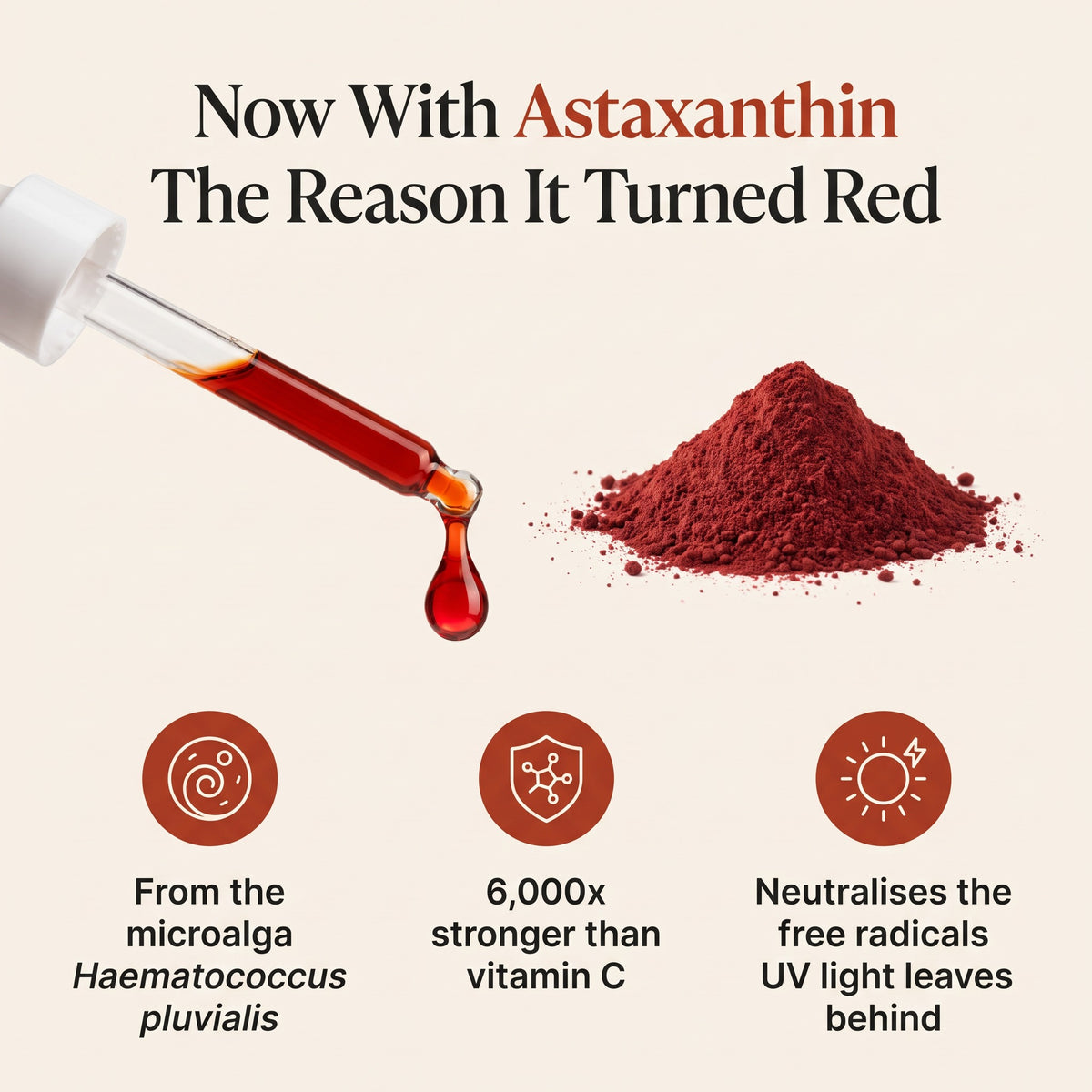 Now with astaxanthin, the red antioxidant from the microalga Haematococcus pluvialis, 6,000x stronger than vitamin C
