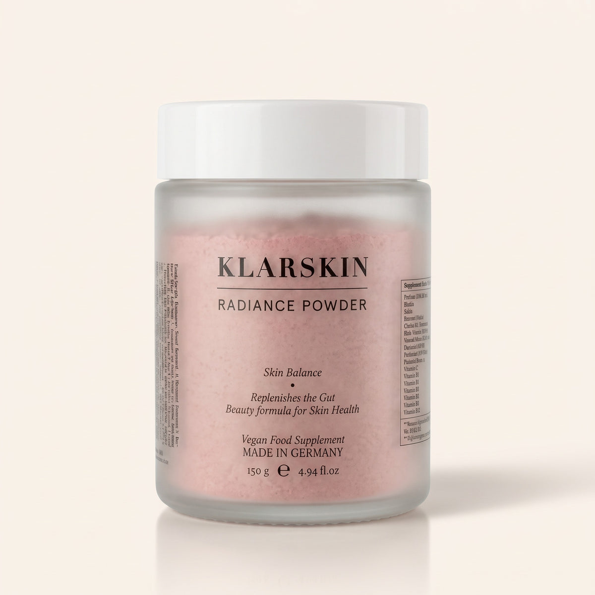 Klarskin Radiance Powder, 150 g Glas mit rosa Pulver, veganes Nahrungsergänzungsmittel