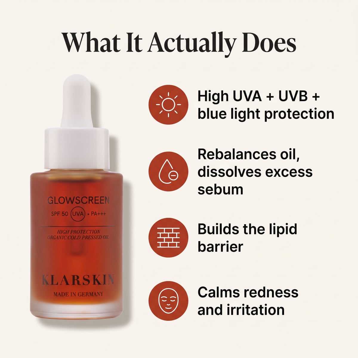 What GlowScreen does: high UVA, UVB and blue light protection, rebalances oil, builds the lipid barrier, calms redness